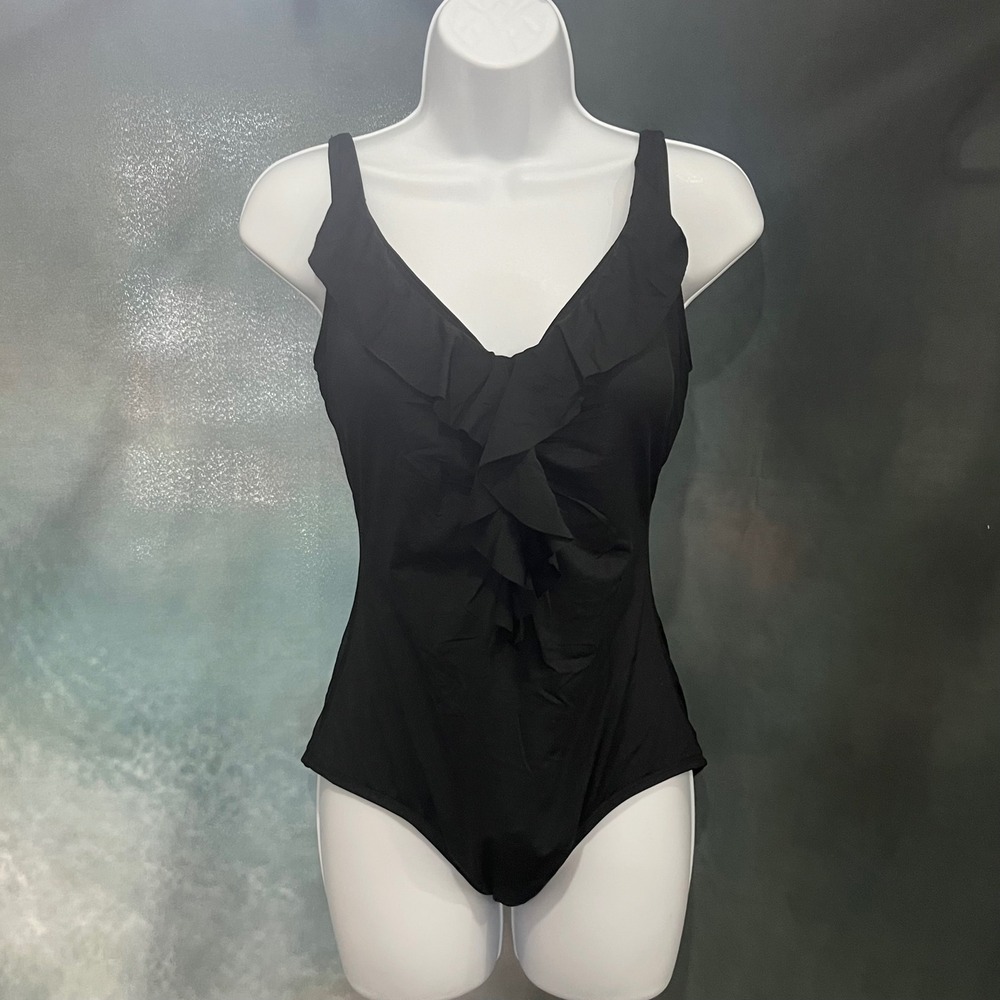 Jantzen Womens Ruffle V-Neck One Piece Swimsuit Black Size 8 JZ21705M